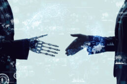 Robot ou intelligence artificielle serrant la main a un humain