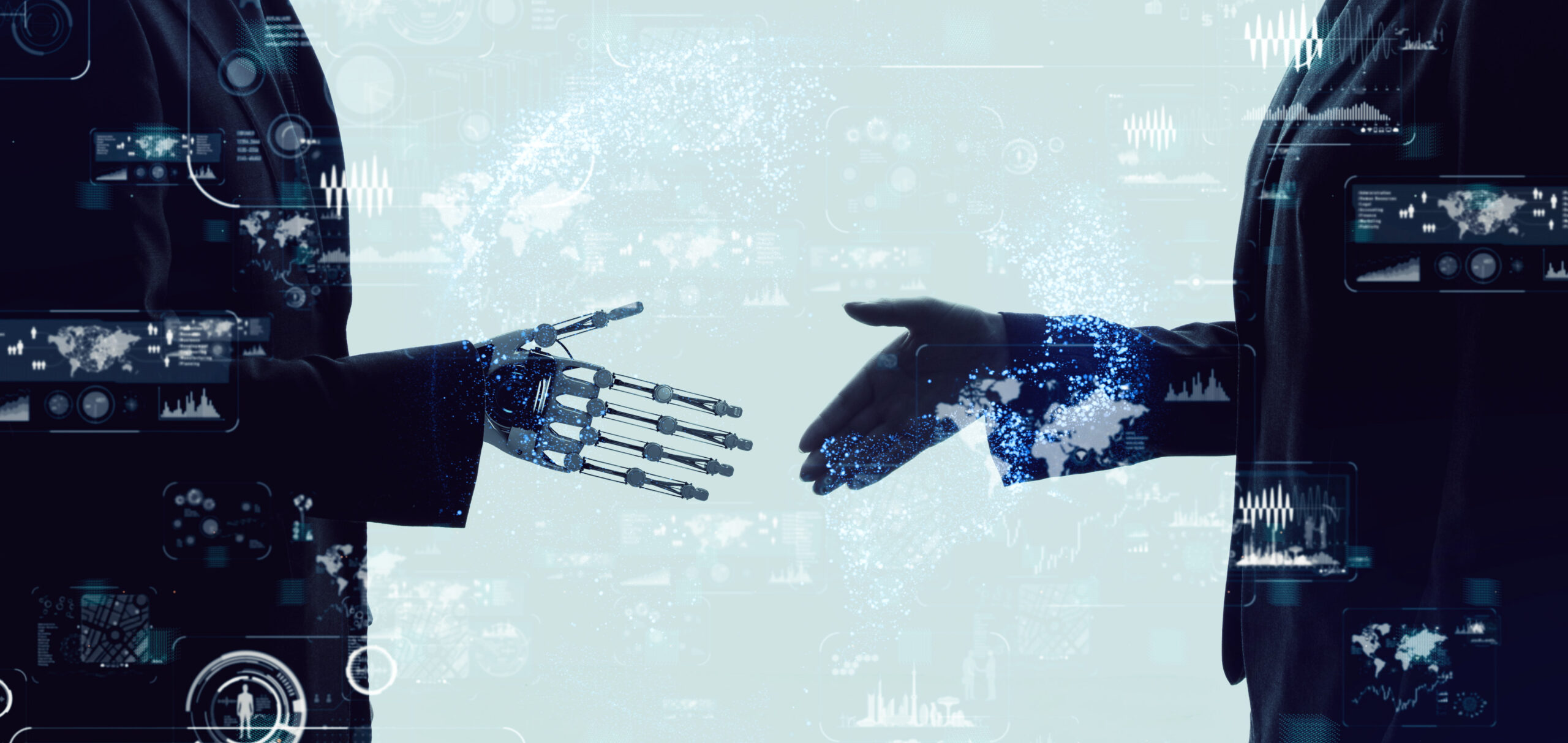 Robot ou intelligence artificielle serrant la main a un humain